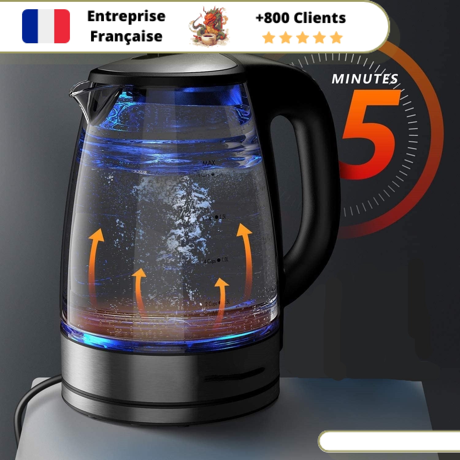 Bouilloire électrique 2000W, bouilloire à thé en verre Borosilicate 2L avec  lumière LED, bouilloire à ébullition